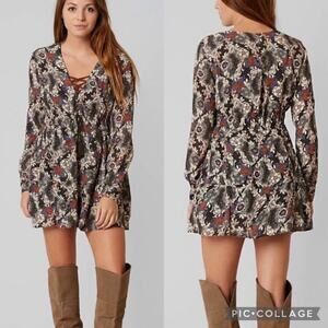 Free People Stealing Fire Henley Floral Boho Long Sleeve Tie Front Mini Dress